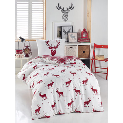Christmas-Themed Single Duvet Cover Set, Claret Red & White, 55.1 x 78.7 inches | 65% Cotton / 35% Polyester, 120 Thread Count | Includes 1 Pillowcase (19.7 x 27.6 inches) | Machine Washable with Button Closure