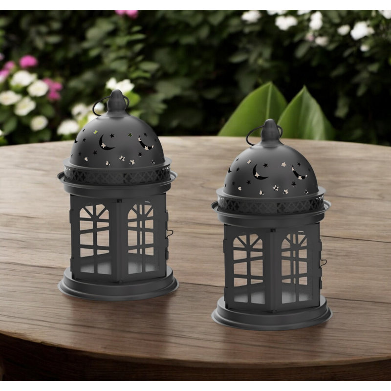 Set of Two Black Metal Celestial Tabletop Lantern Candle Holders