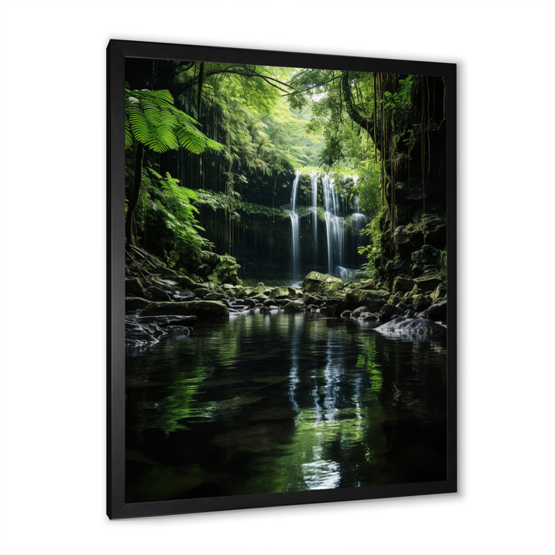 «Waterfall Hidden Oasis Forest I», reproduction sur toile, Cadre simple noir, H 32 po x l 24 po x P 1 po