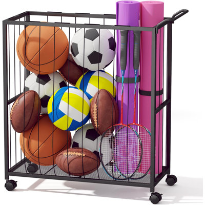 Ball Storage Bin Rolling Sports Ball Cart, Metal Garage Organizer Sport Rack, Ball Basket Storage