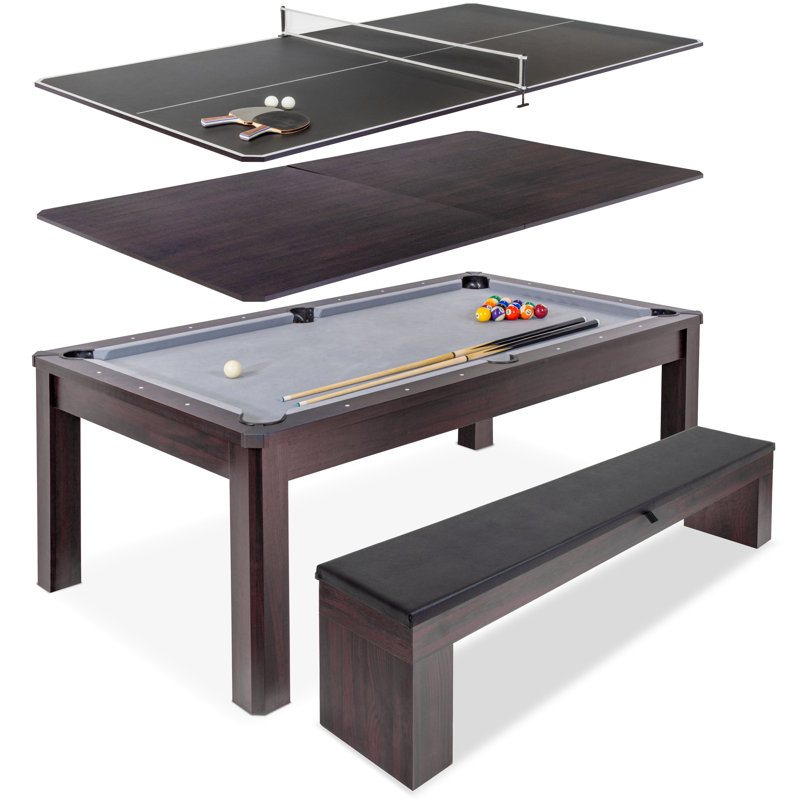 Gosports 7 Ft 3-in-1 Multi Game Pool Table Set with Dining, and Table Tennis Game Includes Bench - Dark Oak, Dark Oak