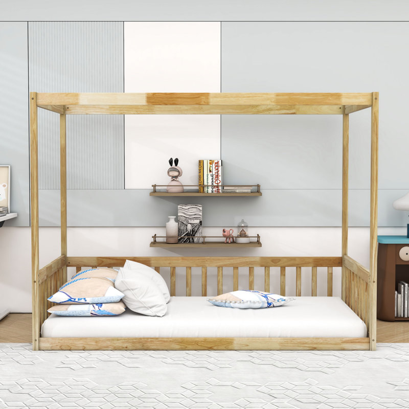 Wooden Canopy Floor Bed With Fence, Natural, Twin