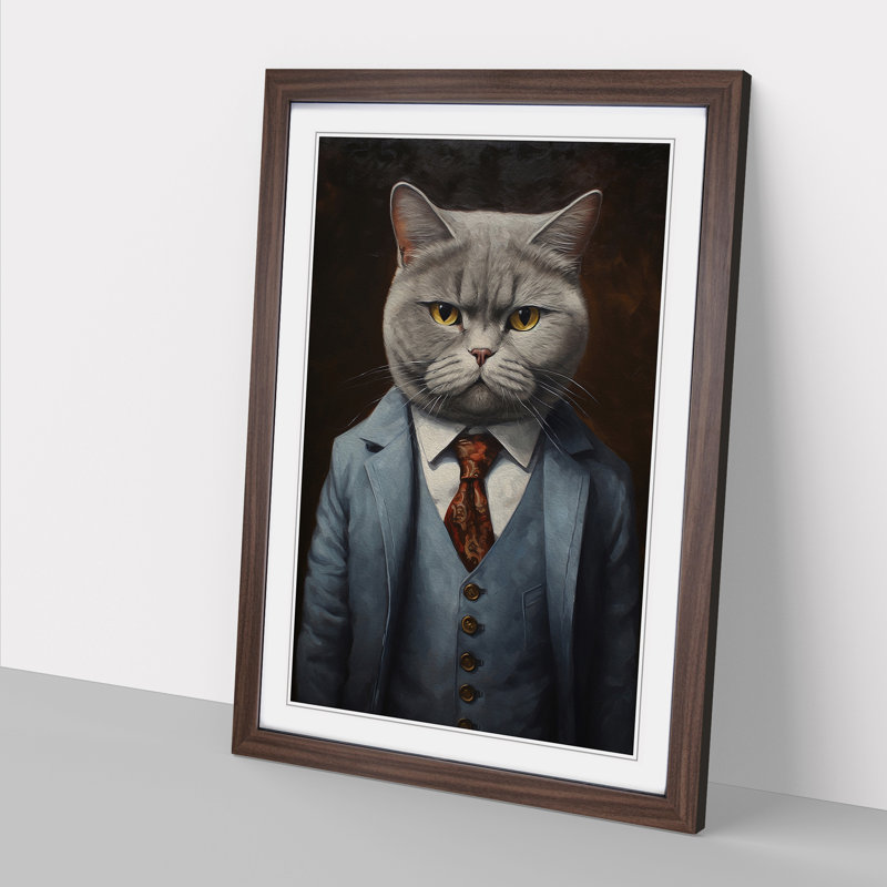 British Shorthair Cat in a Suit Painting No.4 - Framed Print, 46cm H x 34cm W x 2cm D, Walnut Framed