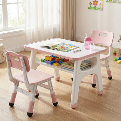 Kids Table And 2 Chairs Set, Children Activity Table With Large Built-In Storage, Graffiti Desktop, Adjustable Height Toddler Chair With Anti-Slip Foot Covers For Reading, Drawing, Snack Time(Pink)