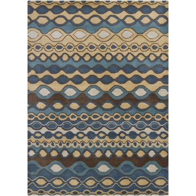 Tapis d'intérieur en laine Abbeville fait main, tufté à la main, motif géométrique bleu sarcelle, brun et beige