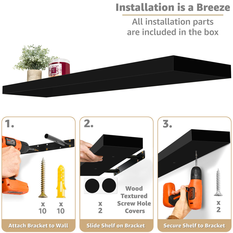35" Long Floating Shelves with Invisible Mounting Set of 2, Black