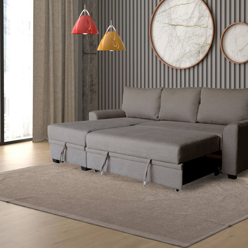 Canapé-lit modulaire en flanelle avec méridienne et rangement à gauche, Tissu brun