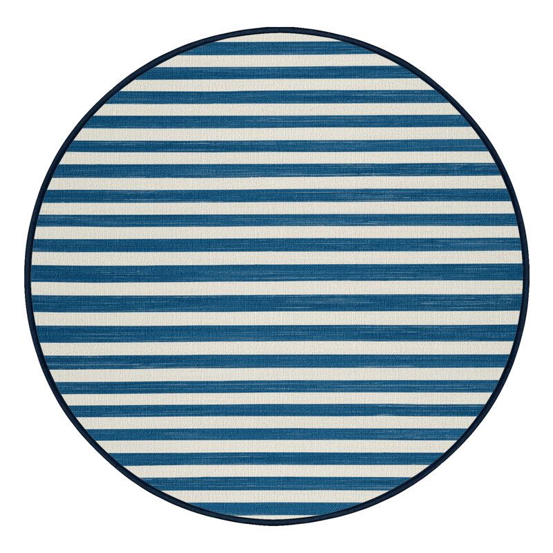 Machine Washable Horizontal Stripes Blue Area Rug, Round 3'