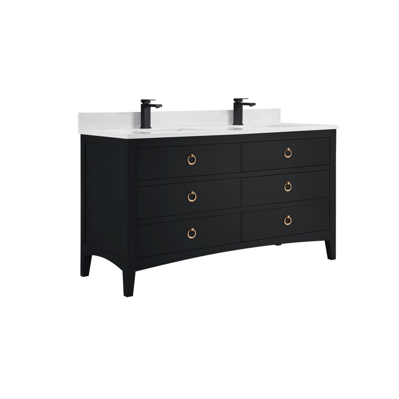 60" Solid Wood Sink Vanity With 1" Artificial Stone Top, Tricorn Black, Rose Gold
