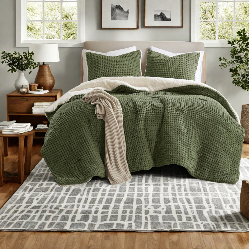 Cozy Chenille Bedding Sets, Full Queen Waffle Knit Olive For Modern Home