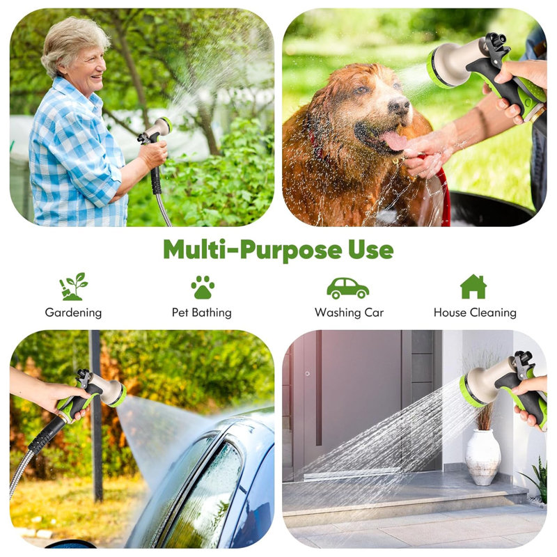 Metal Garden Hose With 10 Function Nozzle, H 15 po x L 2100 po x P 15 po
