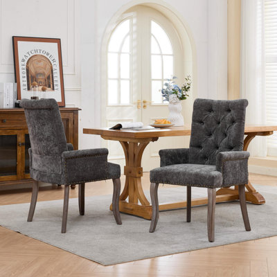Chaise de salle à manger rembourrée en tissu de chenille, pieds courbés en bois massif, élégante chaise de salle à manger capitonnée pour salle à manger, paquet simple, gris