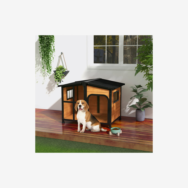 Niche pour chien en bois de style chalet avec toit ouvrant et fenêtre géante PawHut