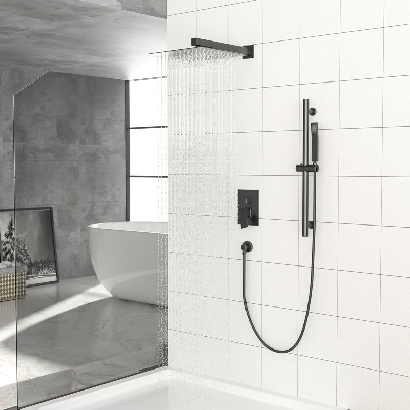 Douche murale en noir mat - carré de 10 pouces avec barre coulissante réglable, soupape équilibrée et leurre contemporain