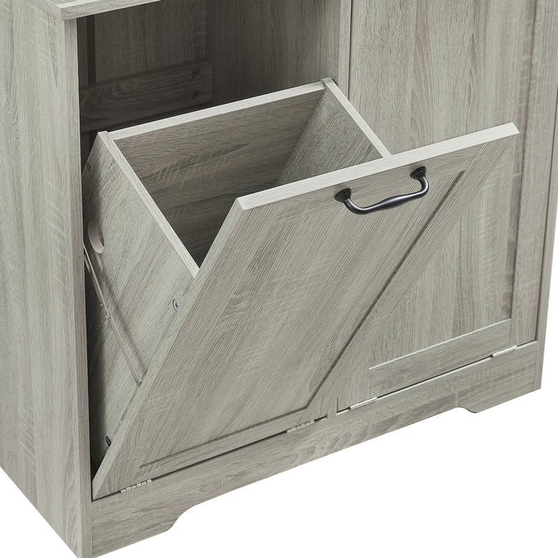 Bathroom Storage Cabinet with Doors and Drawers, Tilt-Out Laundry Hamper, Oak