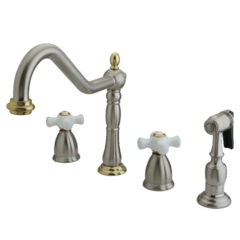 Kingston Brass Heritage Double-Handle Widespread Kitchen Faucet, Brushed Nickel/Polished Brass, With Spray, Lever