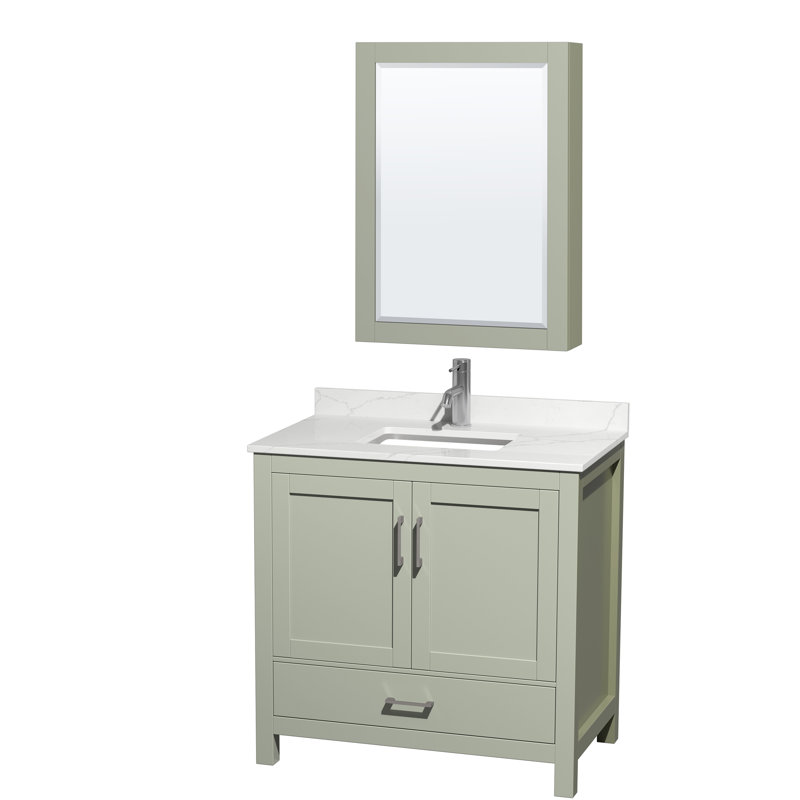 Meuble-lavabo simple 36 po avec comptoir en quartz et armoire à pharmacie Sheffield, Quartz blanc, Vert, Nickel brossé