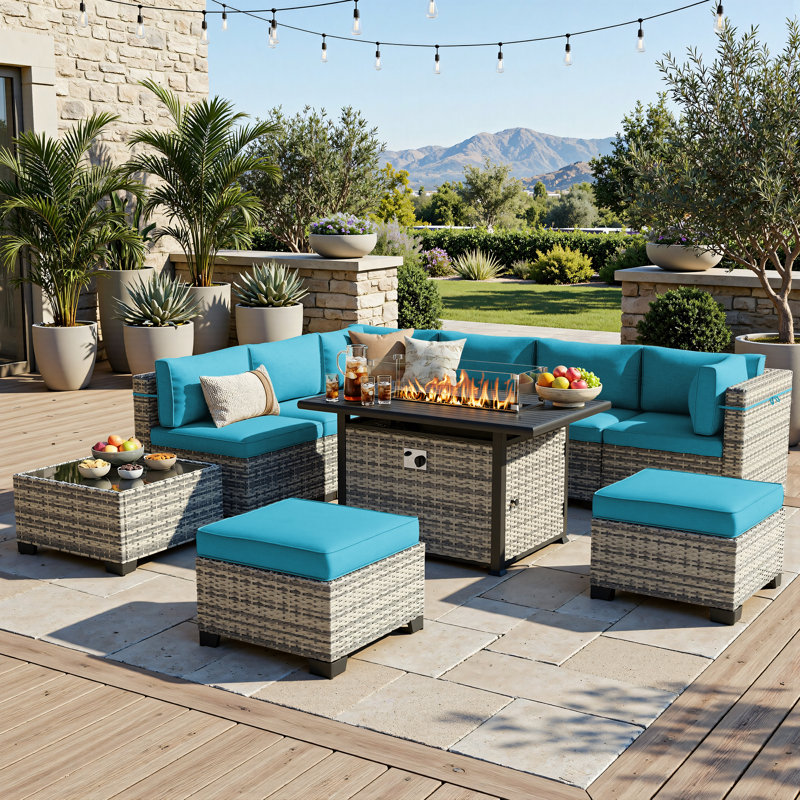 10-Piece Outdoor Patio Conversation Set With 55,000 BTU Propane Fire Pit Table, Wicker Sectional Sofa, 2 Ottomans & Coffee Table