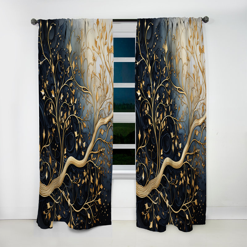 Golden Branch Tree Luminous Tangle I - Traditional Velvet Curtain - Room Darkening - 1 Panel, 52" W x 63" L
