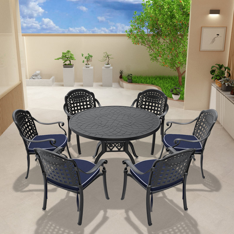 Élégant ensemble de salle à manger de patio en aluminium coulé 7 pièces avec coussins - Durable, élégant et confortable pour les espaces extérieurs