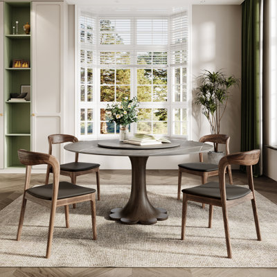 Gray Sintered Stone Round Yairi With Lazy Susan, Solid Wood Pedestal(1 Table 4 Chairs, 1 Table 6 Chairs)