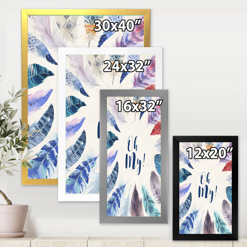 «Vibrant Blue Feathers Oh My», impression sur toile encadrée, Encadrement argenté, H 40 po x l 30 po x 1,5 po