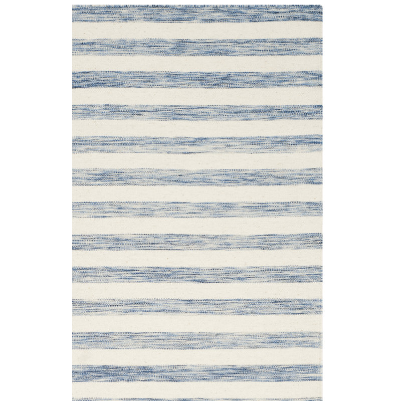 Tapis rayé bleu / ivoire en laine tissé à la main et à plat Emek, Tapis de couloir 2 pi 6 po x 10 pi