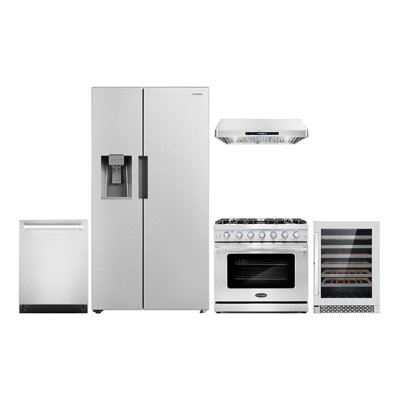 Cosmo 5 Piece Kitchen Appliance Package with Side By Side Refrigerator 36'' Gas Freestanding Gas Built-In Under Cabinet Range Hood
