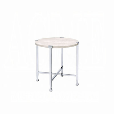 Contemporary End Table Round White Oak Finish Wooden Top Living Room Furniture 1Pc Chrome Metal Frame Side Table