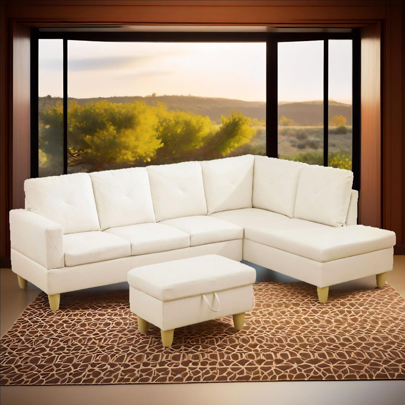 Ensemble de canapé modulaire en cuir 3 pièces avec méridienne et repose-pieds avec rangement Monaco, Simili cuir blanc