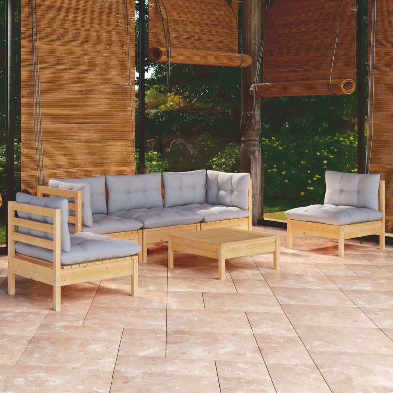 Ensemble de conversation modulaire en bois de pin avec coussins Lamaiya, Crème, Naturel