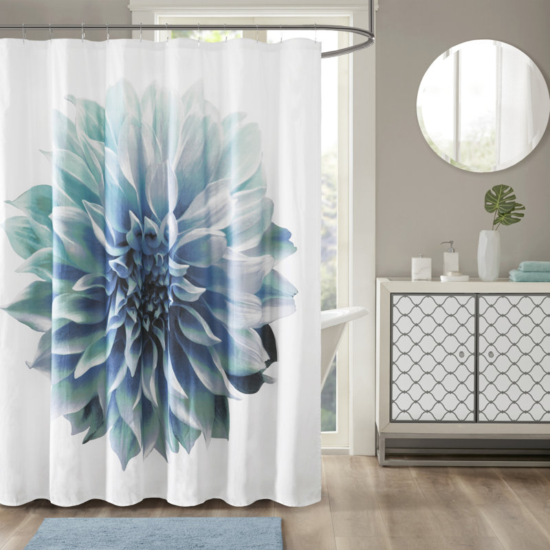 Norah Floral Cotton Shower Curtain, White/Blue/Teal