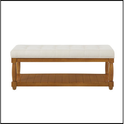 Linen Upholstered Bench with Storage Shelf and Tufted seat