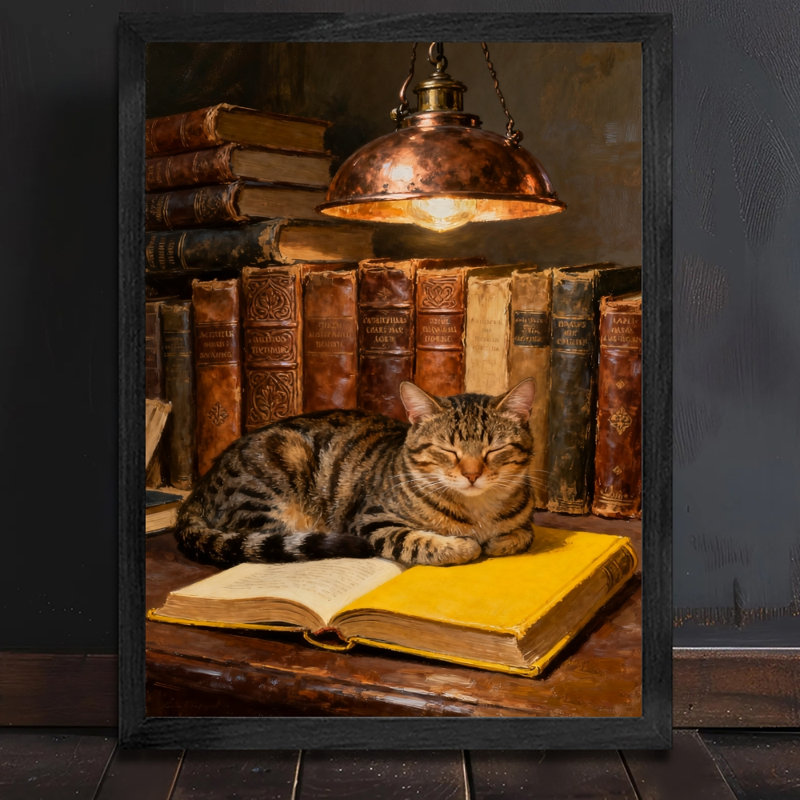 «Black Chats Vintage» dormant chaleureusement dans des livres, impressions d'art encadrées de style rétro, H 11 po x l 9 po