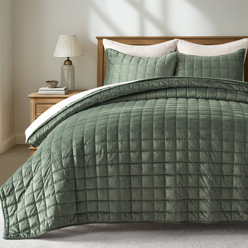 Box Stitch PearlVelvet Quilt set, Queen Quilt + 2 Standard Shams, Olive Green