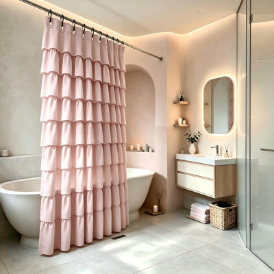 Rideau de douche à volants, 183 cm x 183 cm, ourlet à volants en cascade à 9 niveaux, tissu polyester, 12 boutonnières renforcées pour baignoires de salle de bain standard