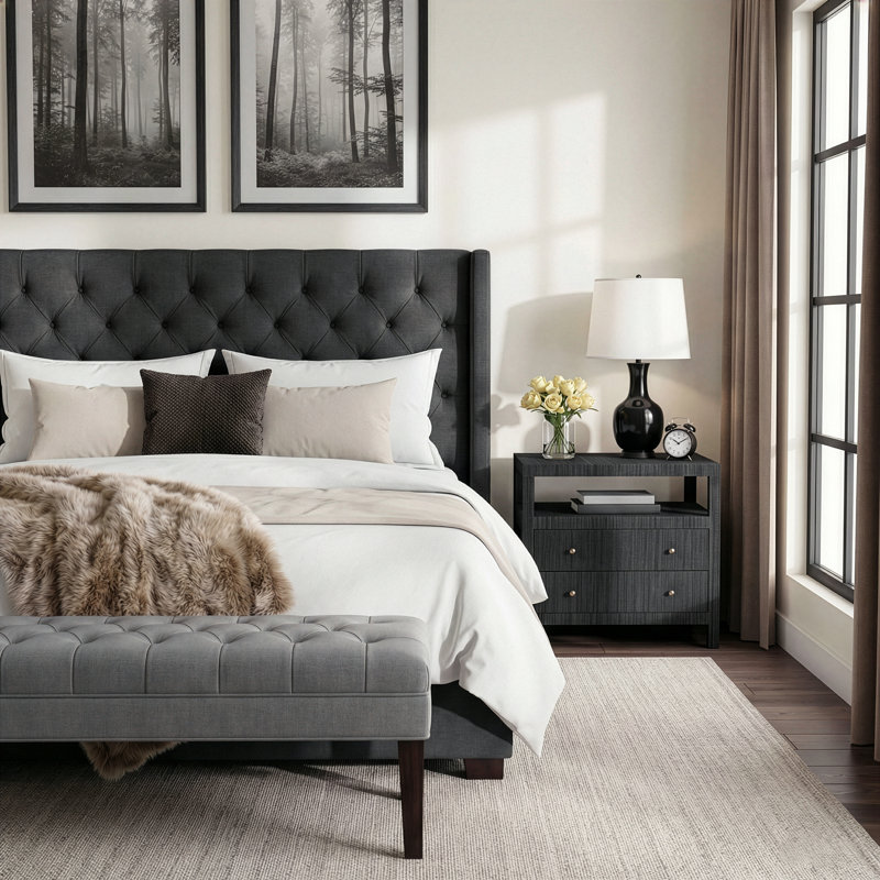 Celine 28 in. W Raffia 2 Drawer Nightstand with Shelf, Charcoal Gray, Charcoal Gray