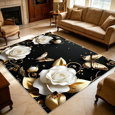 Tapis de luxe à imprimé floral de 1 papillon doré et blanc de luxe pour salon, doux et confortable, convenant à toutes les saisons, facile à entretenir et lavable à la machine