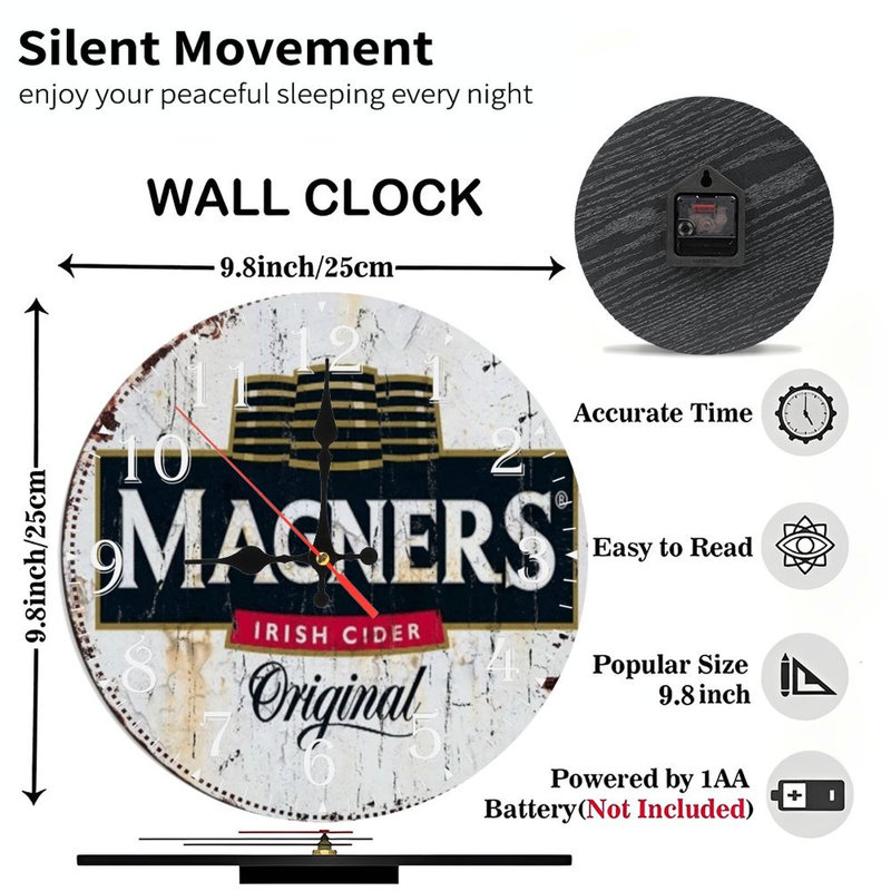 Horloge murale en bois 10 po, mouvement silencieux, à piles (piles AA non incluses), décor artistique, parfait pour les décorations