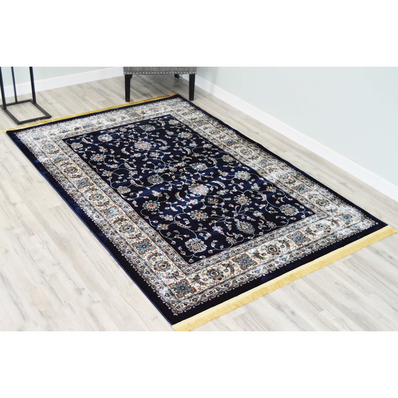 Tapis bleu marine/beige à métier électrique Darwen, Rectangle 5 pi 2 po x 7 pi 5 po