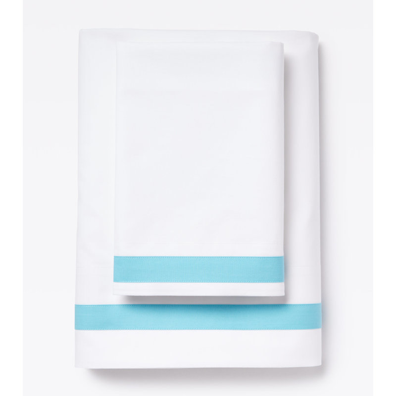 510 Thread Count Cotton Percale Sheet Set with Sky Border Frame, White/Blue, California King Sheet Set