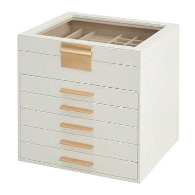Jewelry Box With Glass Lid, 6-Layer Jewelry Organizer, 5 Drawers, 8 X 9.1 X 9 Inches, Cloud White And Gold Color