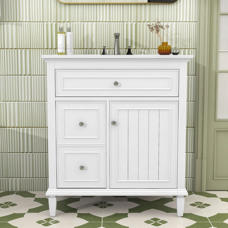 Meuble-lavabo de salle de bain avec lavabo en céramique, tiroir rabattable, deux tiroirs latéraux et tablette réglable, Blanc