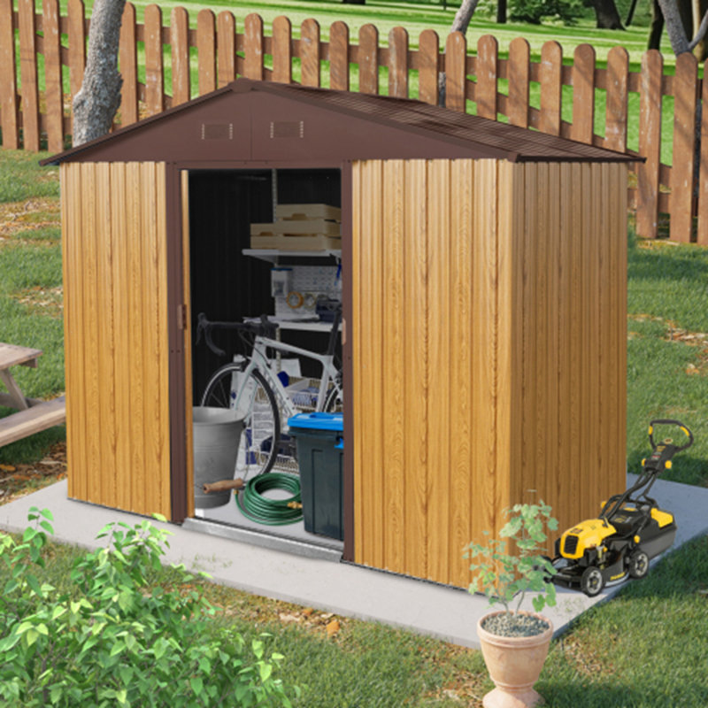 Outdoor Metal Storage Shed with Sliding Door and foundation for Backyard, Patio, Lawn, Coffee
