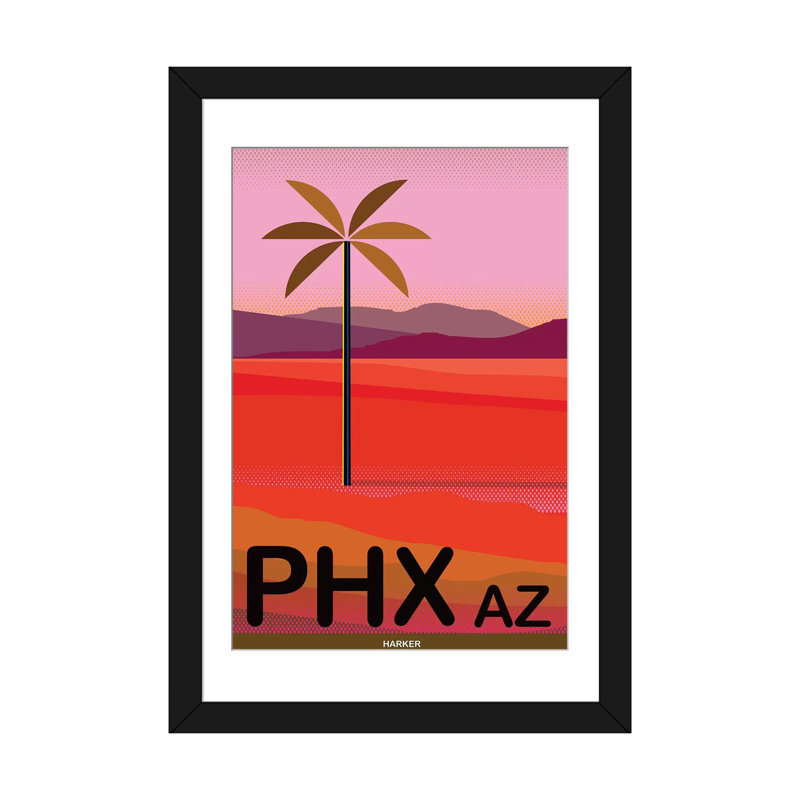«Phoenix Travel Poster», publicité sur toile, H 32 po x l 24 po x P 1 po, Papier beaux-arts encadré noir, Blanc