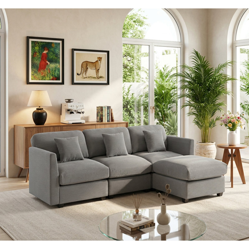 Virgus Corduroy Sectional, Light Gray Corduroy