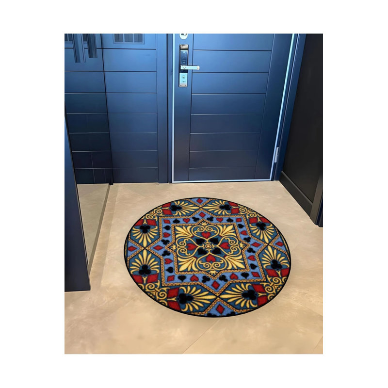 Navy Blue Red Antique Yellow Pattern Detailed Woven Base Modern Decorative Carpet, Round 3'4"