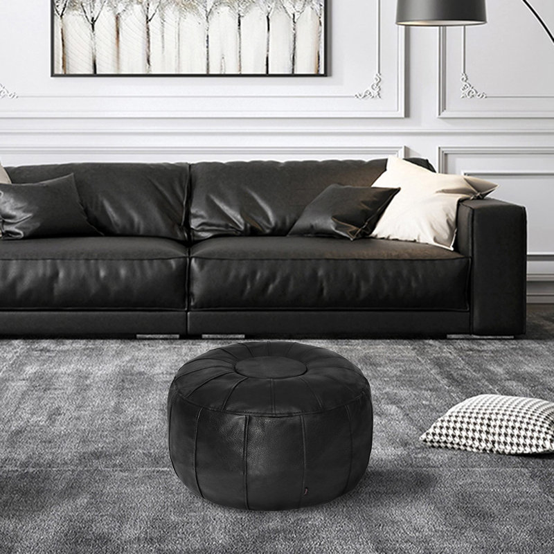 Izaiya Faux Leather Pouf, Black Faux Leather