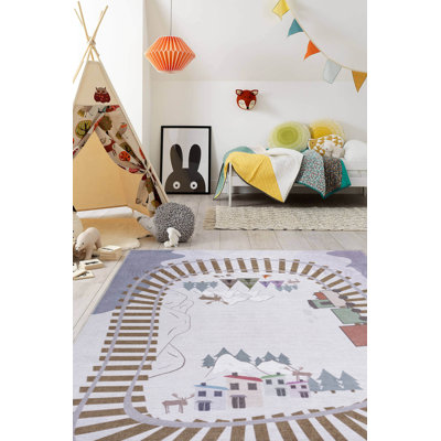 Tapis gris à motif de voie ferrée pour enfants