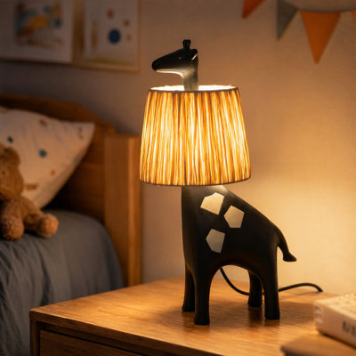 13.8" Black Giraffe Resin LED Table Lamp with Handwoven Raffia Shade for Kids Room, Nursery or Gift Decor